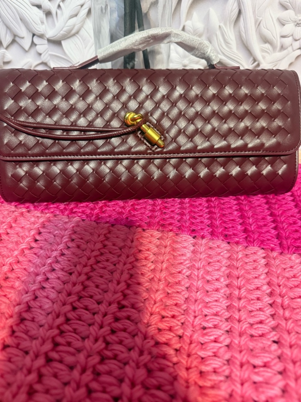 Woven Leather Shoulder Bag in Deep Burgundy